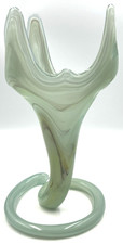 MCM Murano Style Glass Vase Tri-Point Green White Swirl Coil Base Hand Blown 12"