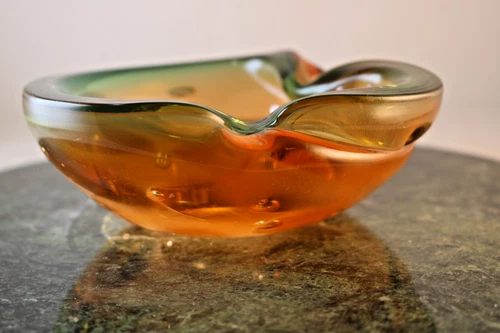 Vintage Murano Art Glass Sommerso Bullicante Ashtray Bowl Green Amber Pinched 6"