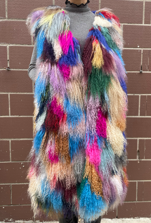 Women Real Mongolian Fur Coat Long Vest Gilet Waistcoats Outwear Multicolor