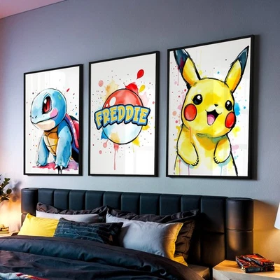 Pokemon Children's Bedroom Wall Art Personalised Gift Print Pikachu Set of 3 - Image 1 of 4