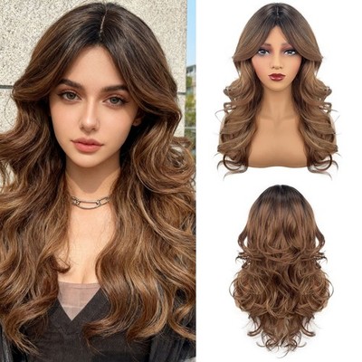 22in Women's Brown Ombre Fluffy Wavy Wig Middle Part Synthetic Cosplay Party