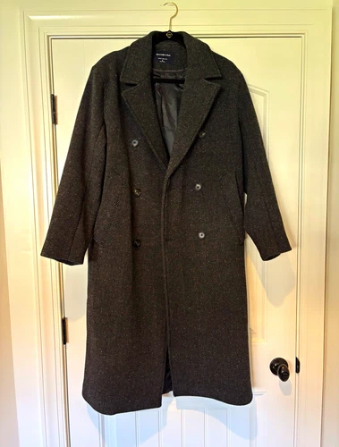 Abercrombie & Fitch Men's Double-Breasted Gray Herringbone Wool Long Coat Small - product listing photo