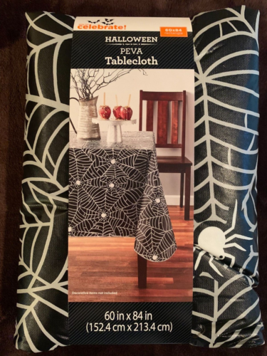 Halloween Tablecloth Spider Web Black White Vinyl Peva 60x84 Rectangle Oblong