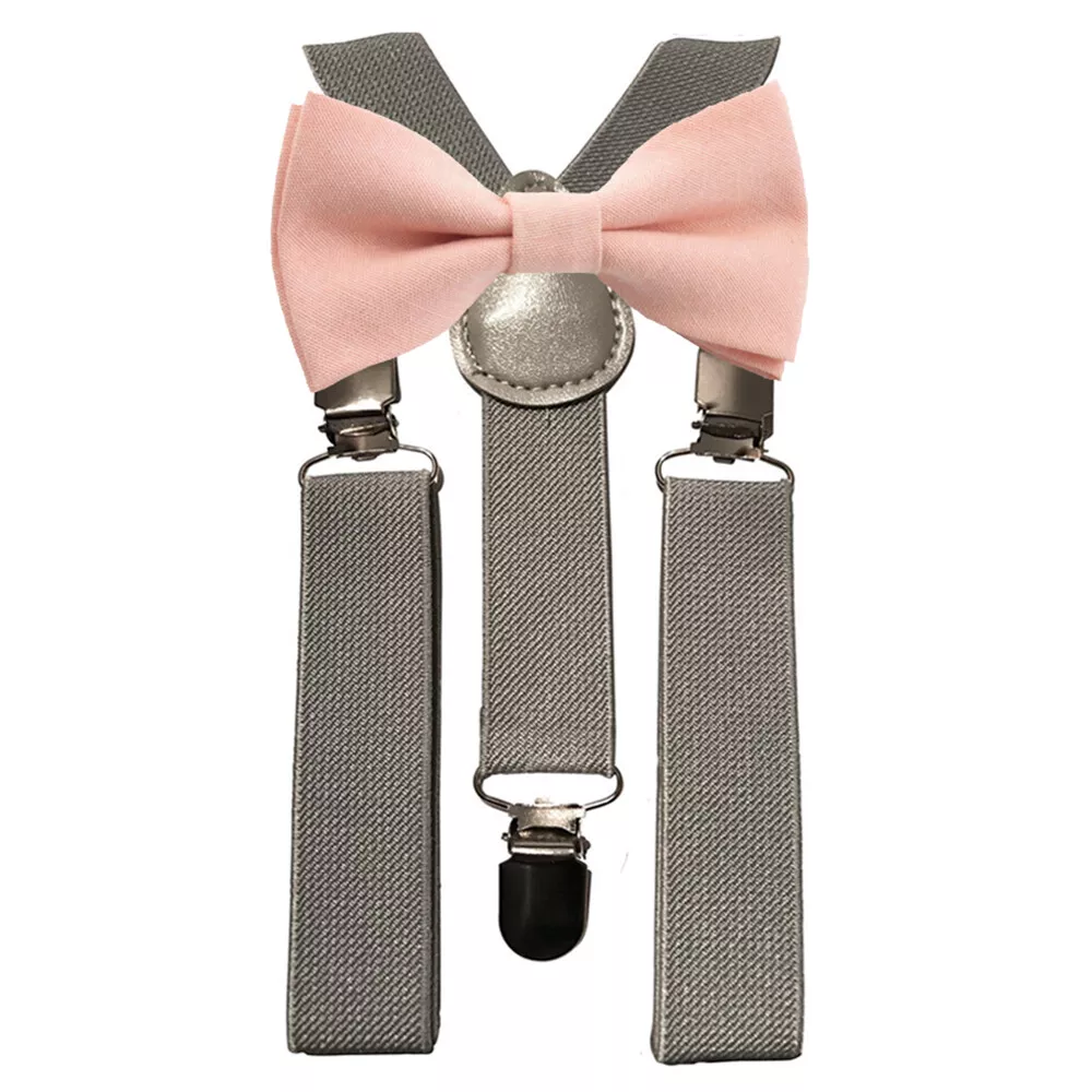 Matching Braces and Blush Pink Peach Cotton Bow Tie Set Kids