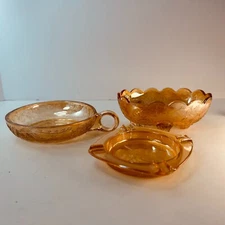 Lot of 3 Jeanette Glass Louisa Floragold Carnival ashtray candy dish handle bowl