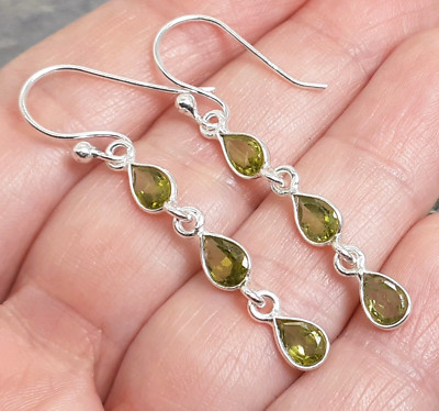 925 Silver Green PERIDOT Triple Drop Earrings E351~Silverwave*uk Jewellery