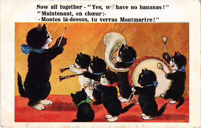PC CATS, NOW ALL TOGETHER, YES WE HAVE NO BANANAS, Vintage Postcard (b46848)
