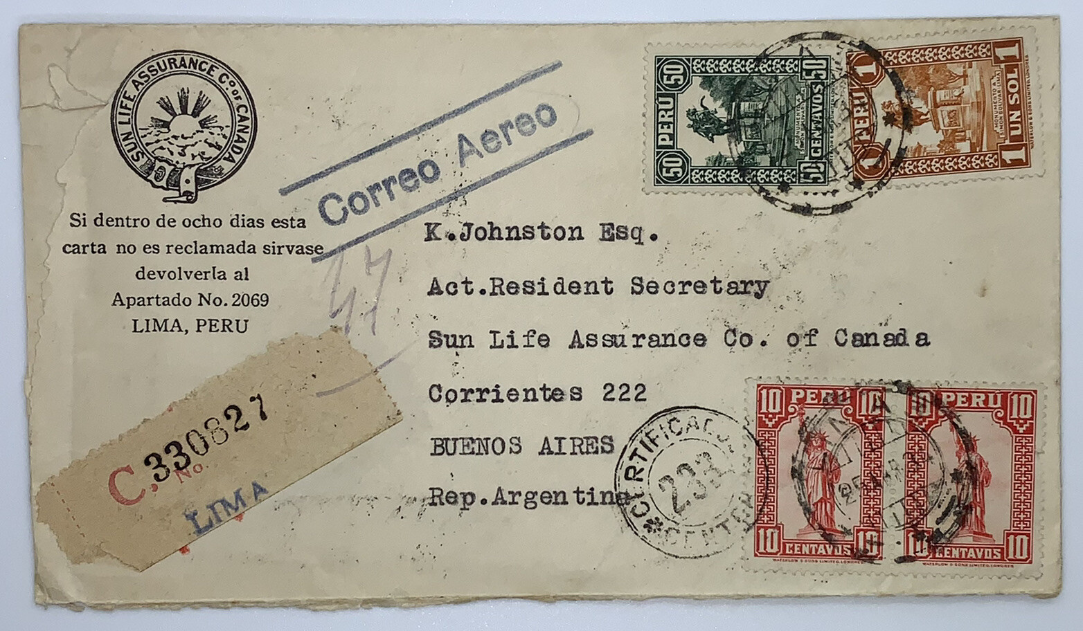 1934 LIMA PERU COVER SENT TO BUENOS AIRES ARGENTINA UNIQUE 223 CANCEL