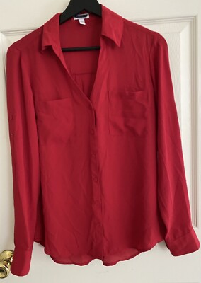 Express The Portofino Shirt S/P Roll Tab Long Sleeve Button Front Blouse Red