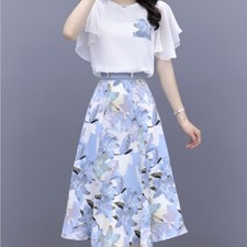 Ladies Chiffon Floral Skirt and Shirt Set Short Ruffled Sleeve High Waist Skirt