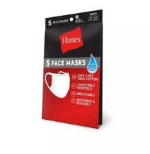 Hanes 100 Cotton Fabric Face Mask Reusable White 5 PACK