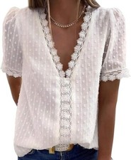Woman Lace Size Small Blouse Shirt Sheer Short Sleeves FULLY LINED White V Neck