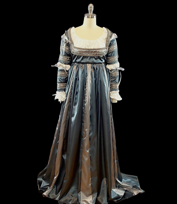 white christmas dresses Regency Era Queen Dress - Renaissance Sapphire Velvet Jacquard Ball Gown Costume