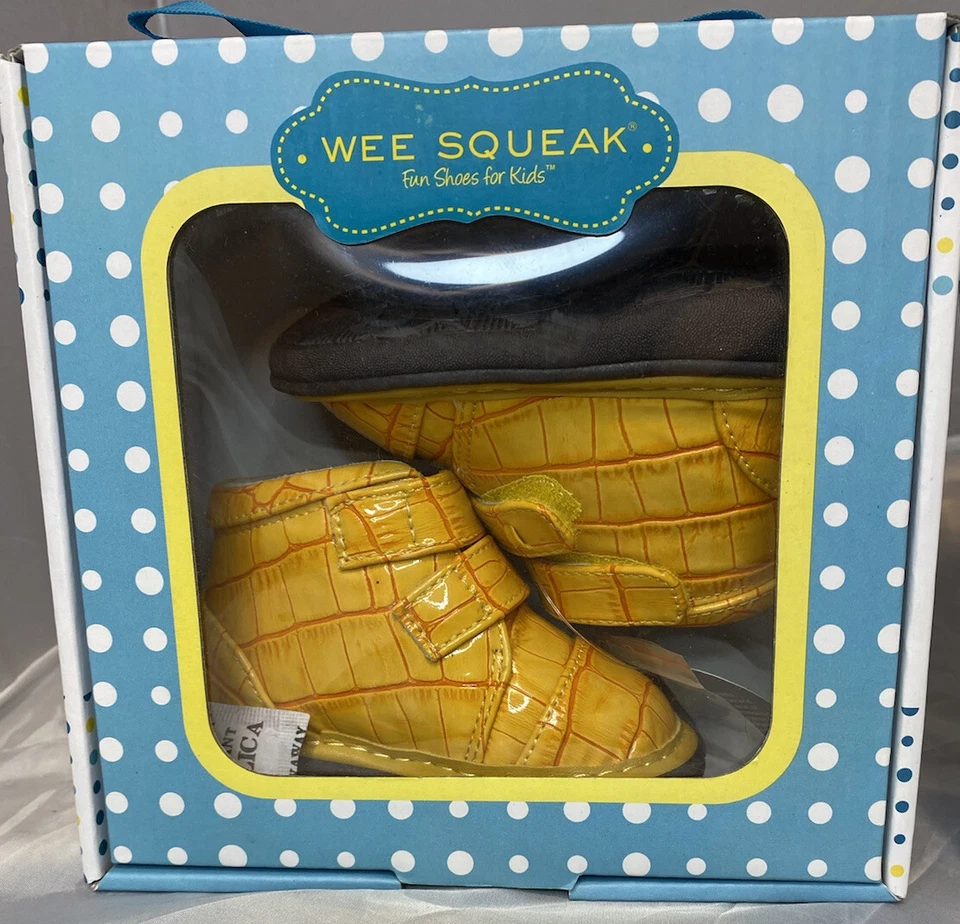 Wee Squeaks Nuevo en Caja Rosa Mary Janes Cuero Y Mostaza Color Caimán Patrón Foto 2 de 4