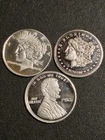 3 x 1Gram .999 Fine Silver Round Lincoln Penny, Morgan and peace dollar design