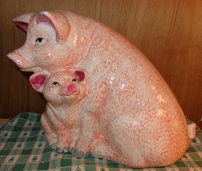 BIG Vintage 1996 CERAMIC YOUNG'S PINK MOTHER PIG WITH BABY PIGGY BANK 9" Tall