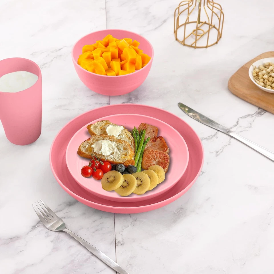 Pink Dinnerware Sets for 8,Pink Plates and Bowls Sets Plastic,Wheat Straw Din... - Image 3 of 4