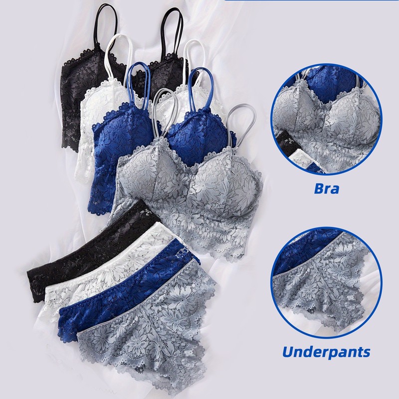 4 Packs Lot Women Lace Bra Underpant Set Sleepwear Sexy Lady Nightwear Lingeries