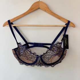 DITA VON TEESE Yvonne Underwire Bra Navy 12C Sheer Lace Lingerie NEW RRP $109.95