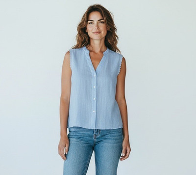 Francesca Bettini Italy 100% Linen Blue Sleeveless Button Front Blouse sz Medium