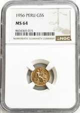 Moneda de oro 1956 Perú 5 soles libertad sentada NGC NGC como nueva 64