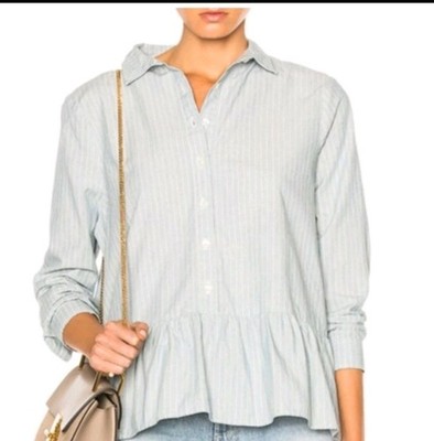 The Great. The Drop Ruffle Oxford Shirt Button Down Indigo Stripe Blue Sz Med 