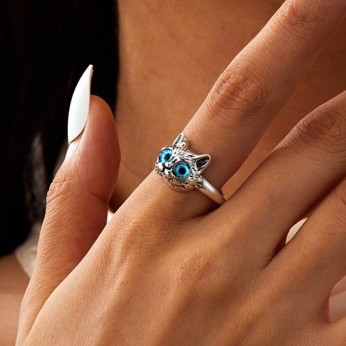 Luxury Cat Blue Eyes Ring Cute Finger Rings Gifts Couple Ring - Picture 2 of 5