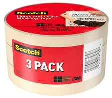 Scotch Masking Tape, 3 Rolls, 0.70 in x 54.6 yd, Great for 0.75" Width, Tan