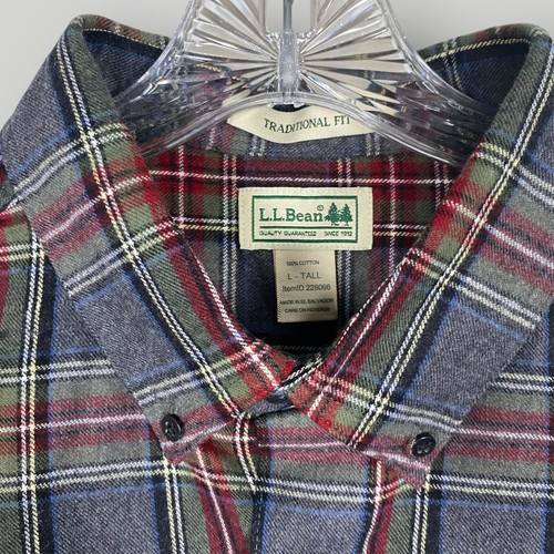 LL Bean Shirt Mens Large Tall Gray Stewart Plaid Flannel Traditional Fit Cotton - Picture 7 of 9