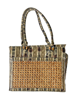 Sondra Roberts Shoulder Handbag Womens Woven Cane Faux Snakeskin Handles Purse