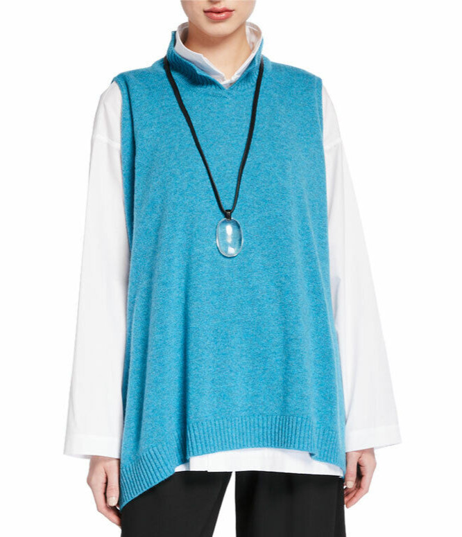 NEW Eskandar DARK TURQUOISE Cashmere A-line Split Stand Collar Sweater Vest O/S