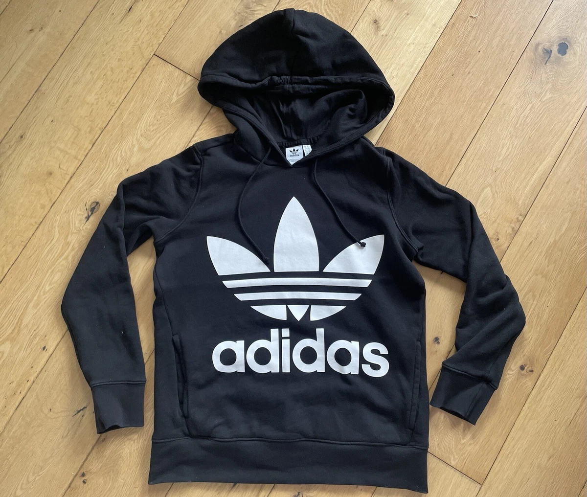 Adidas Hoodie Women s UK 10 Black Pullover Black Logo Trefoil