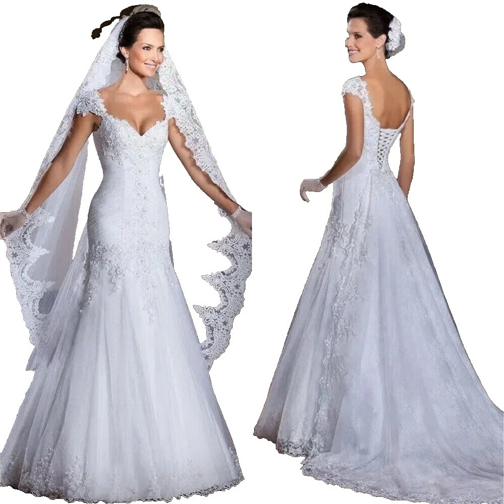 Tulle Cap Sleeve V Neck Mermaid & Trumpet Wedding Dresses