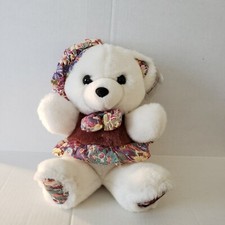 Plush Bear Stuffed VTG Teddy 15" Floral Girl Ribbon Bow Hat Animal Toy Kids Fun