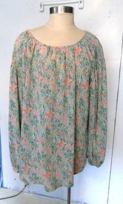 Ava & Viv Blouse Woman 2x Green Pink  Long Sleeve Blouse NEW Cottagecore