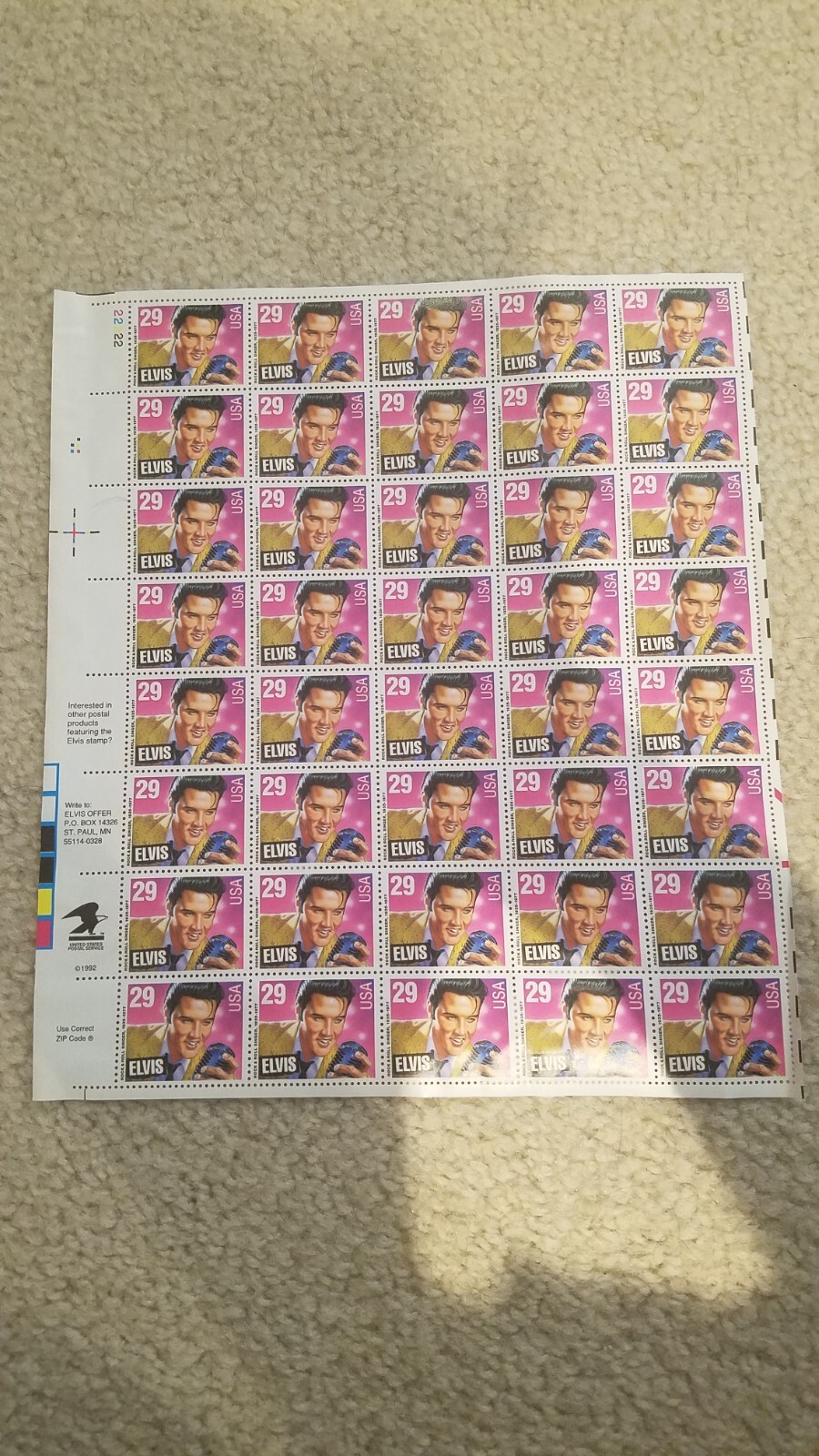 USPS Elvis Presley Stamps 1992 Full Sheet of 40 - 29 Cent (See Pictures ...