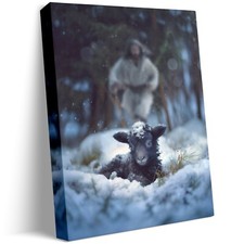 Jesus and Lamb Canvas Wall Art Jesus Runs for the Lost Sheep In Winter Forest