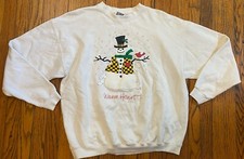 Vintage 90s Folk Art Snowman "Warm Heart!" Womens L Ivory Sweatshirt USA Made