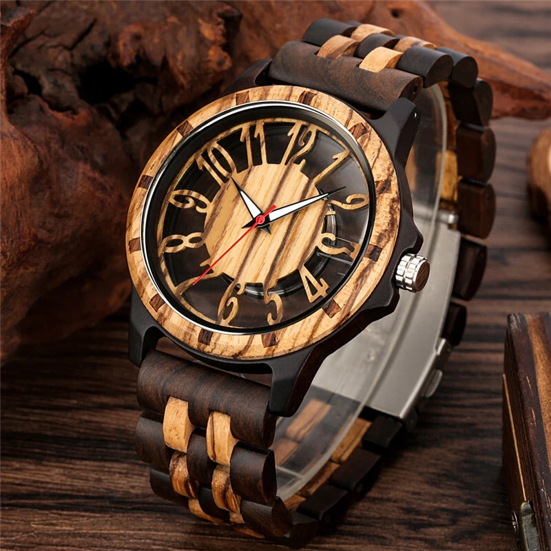 Transparent Hollow Arabic Numerals Dial Quartz Wooden Watch Natural Full Wooden