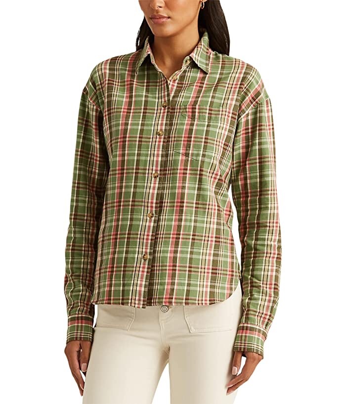 LAUREN Ralph Lauren Womens Shirt Top Plaid Cotton Twill Button