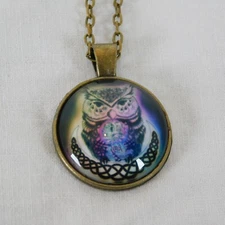 Owl Purple Pink Crescent Moon Bronze Tone Cabochon Pendant Chain Necklace Round