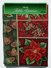 NWT 13.25" X 72" CLOTH TAPESTRY TABLE RUNNER - POINSETTIAS, HOLLY  MISTLETOE