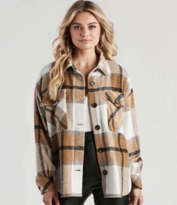 New Women s Brown Plaid Flannel Shacket Jacket Size Large