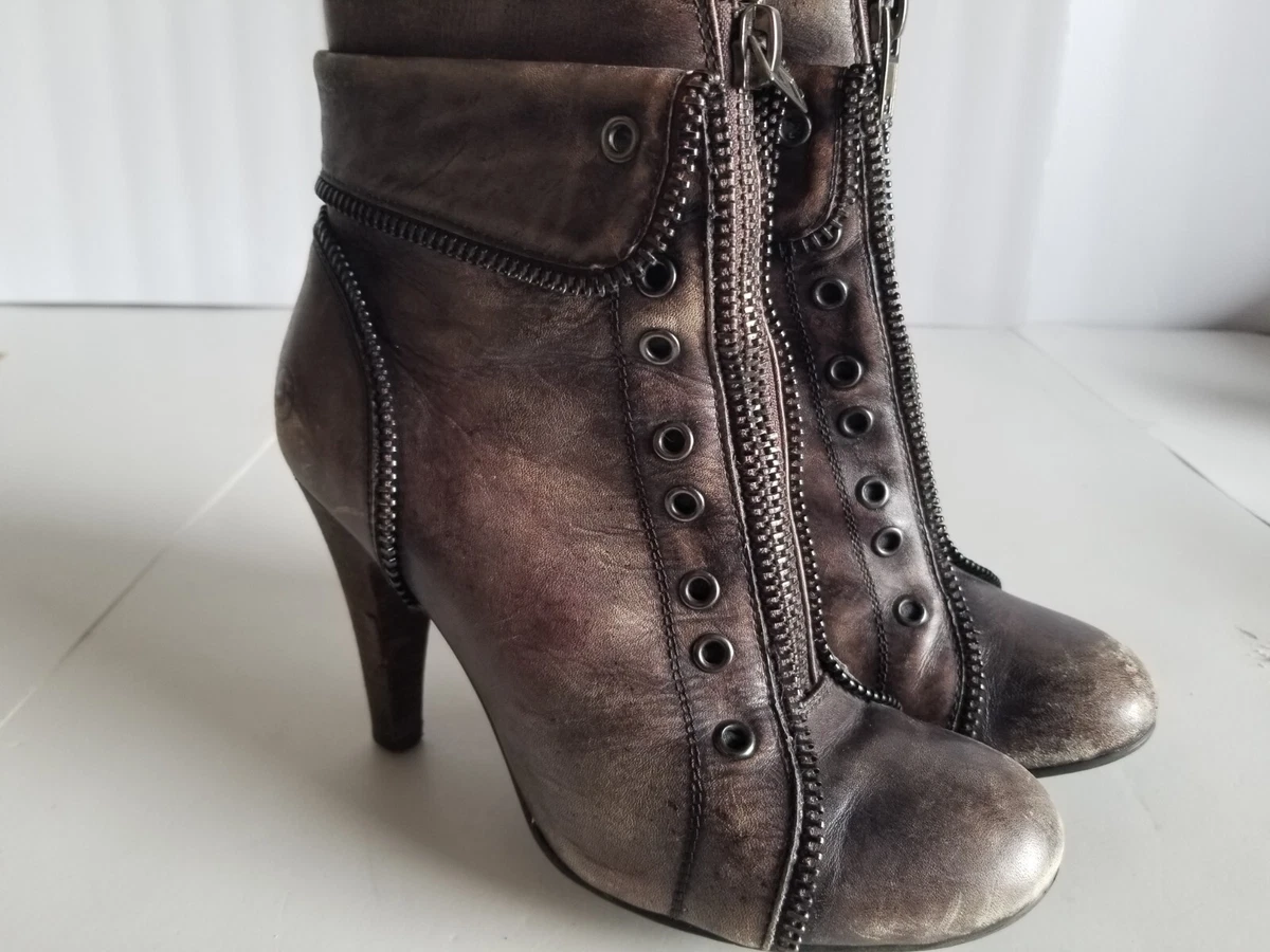 BRONX Boots Womens Ankle Leather Zip Up High Heels Booties | eBay