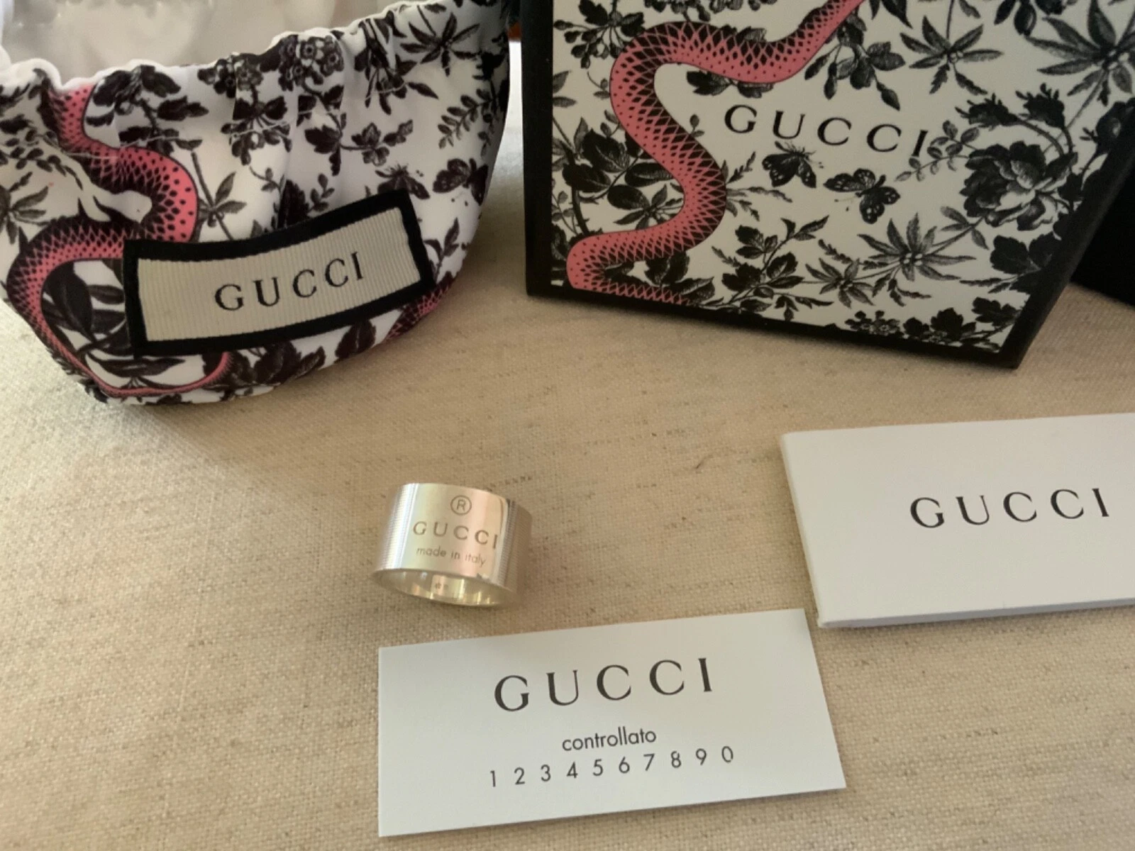 Nuovo con scatola Gucci Sterling .925 Anello Big Band Argento Sterling Taglia 7