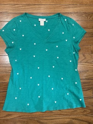 Cynthia Rowley Green Heart Print V Neck T Shirt Womens Size Large 100% Cotton