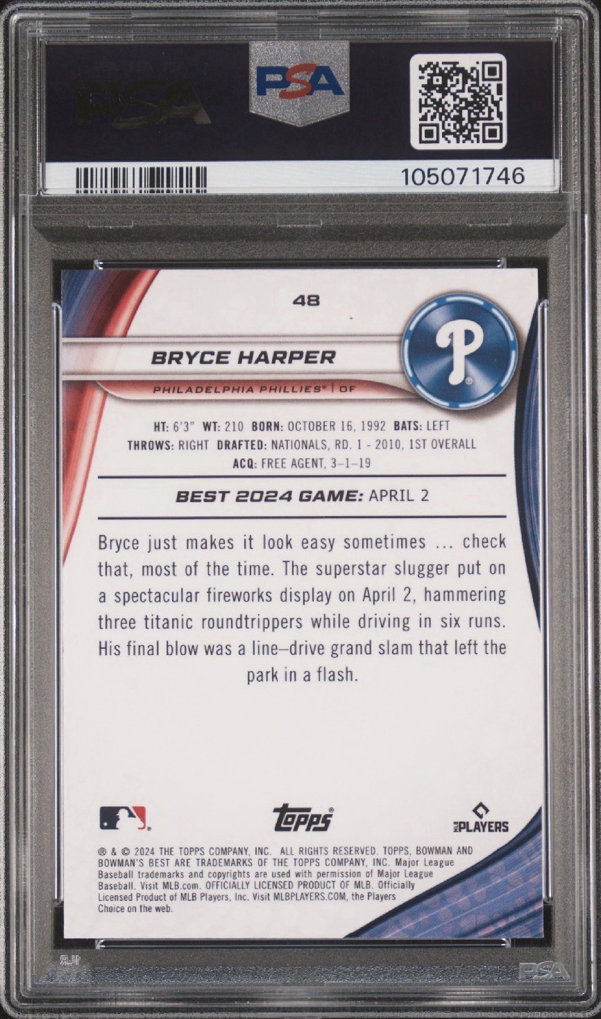 2024 Bowman’s Best Bryce Harper Gold Lava Refractor /50 PSA 10 GEM MT #48 view 2