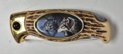 Vintage King Stone Collections Folding Pocket Blade - Reflecting Wolf