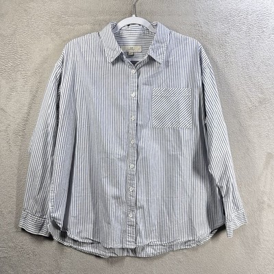 Thread & Supply White Blue Pinstripe Blouse Sz M Cotton Button Front Beachy