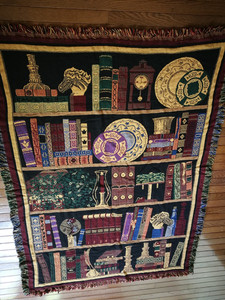 Vtg Goodwin Weavers Cotton Tapestry Fringe Blanket Library Book Shelf 68"x51"
